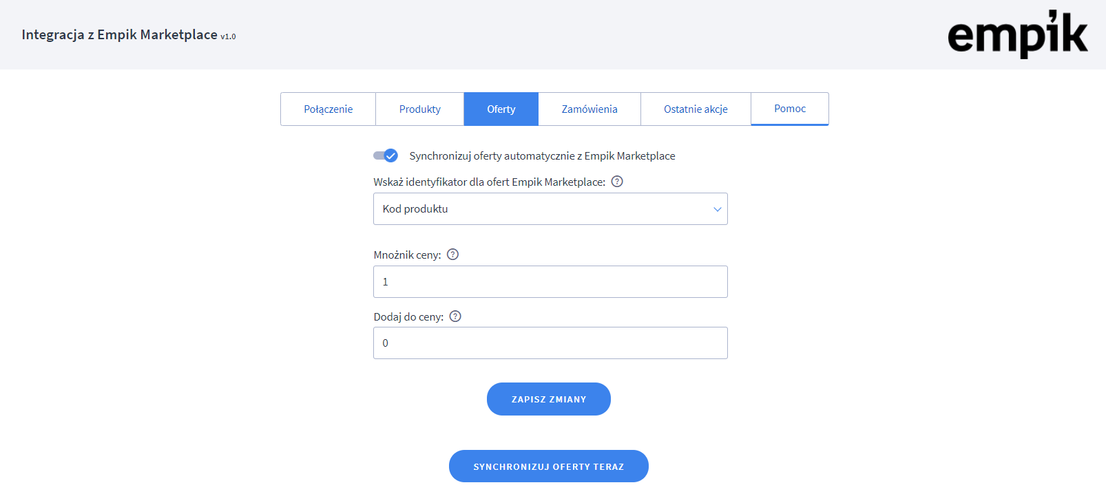 Widok ofert Panel administracyjny > Dodatki i integracje > Moje aplikacje > Empikplace