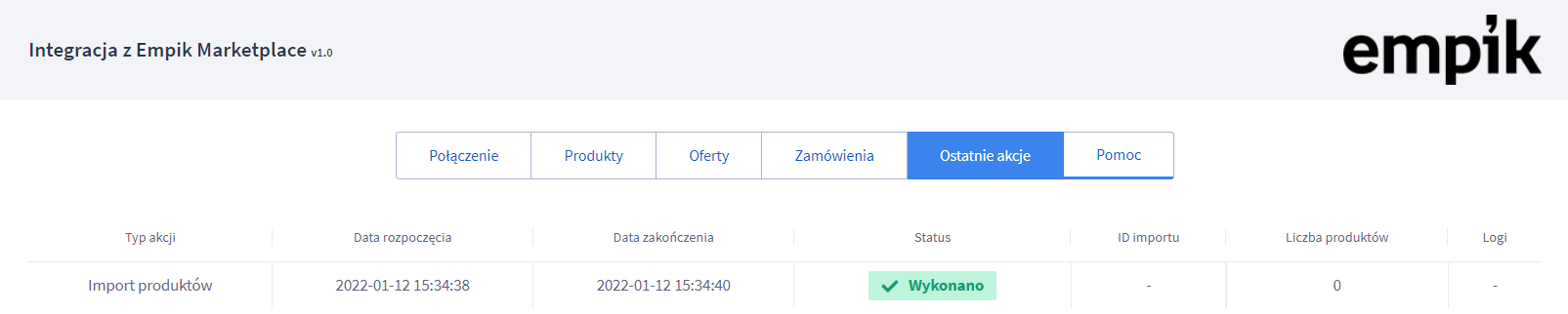 Widok ostatnich akcji Panel administracyjny > Dodatki i integracje > Moje aplikacje > Empikplace