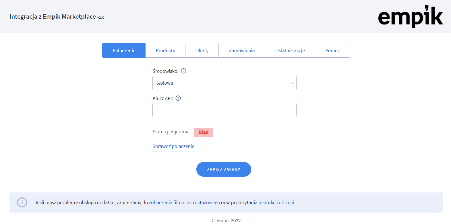 Przejdź do konfiguracji Empikplace Panel administracyjny > Dodatki i integracje > Moje aplikacje > Empikplace