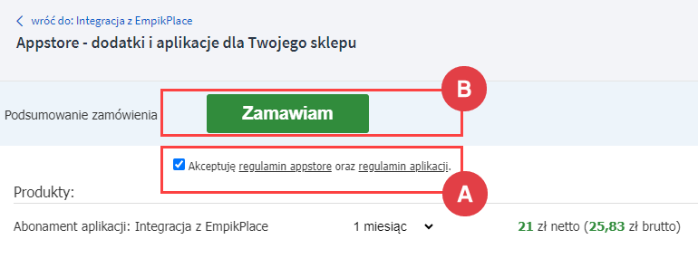 Zainstaluj aplikację Panel administracyjny > Dodatki i integracje > Aplikacje > Empikplace