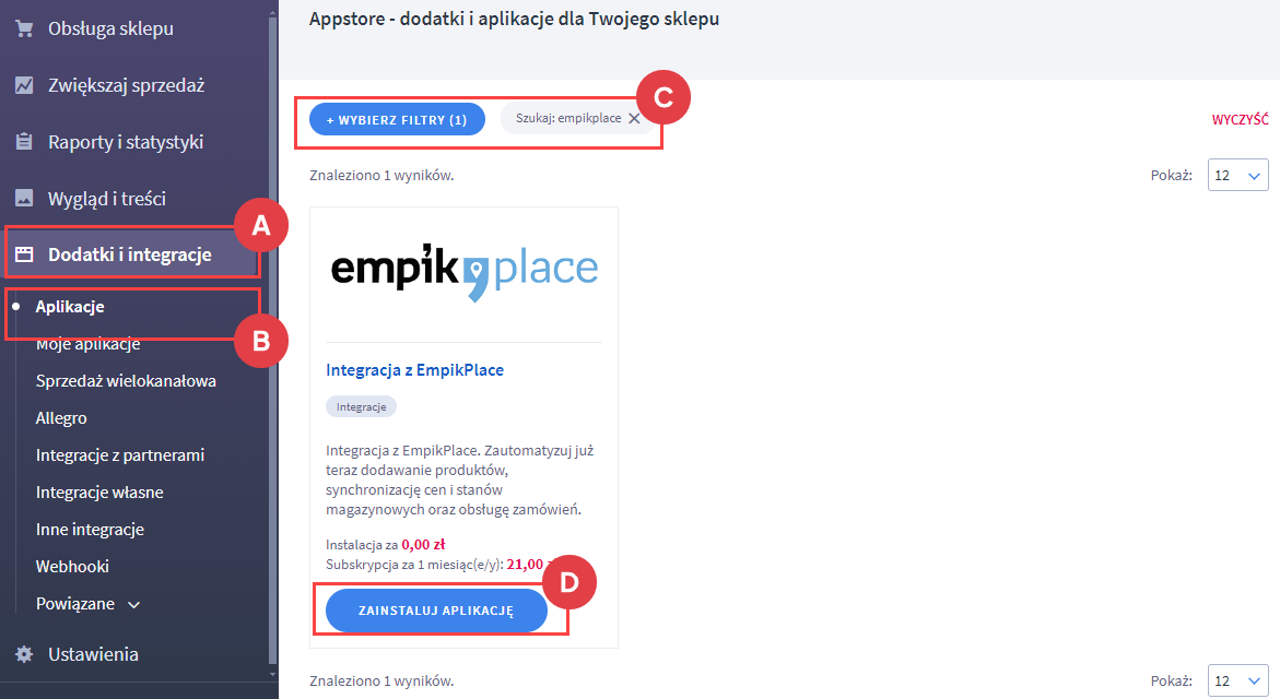 Wyszukaj aplikację do instalacji Panel administracyjny > Dodatki i integracje > Aplikacje