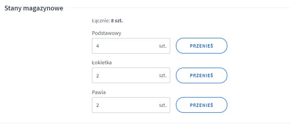 Widok stanów magazynowych produktu w Panelu administracyjnym sklepu Shoper Przenoszenie stanów magazynowych produktów w sklepie Shoper
