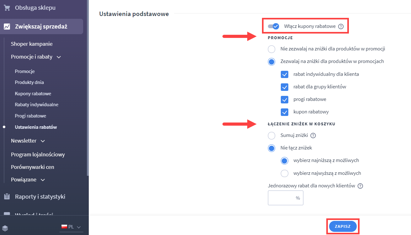 Proste tworzenie kuponów rabatowych w interfejsie Shoper Panel administracyjny sklepu > Zwiększaj sprzedaż > Promocje i rabaty > Ustawienia rabatów