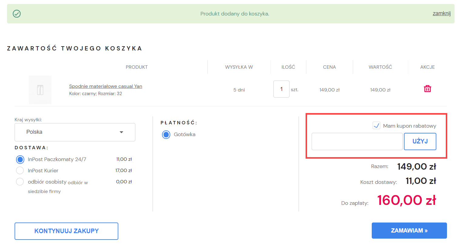 Użyj kuponu rabatowego w koszyku Zawartość koszyka z punktu widzenia klienta