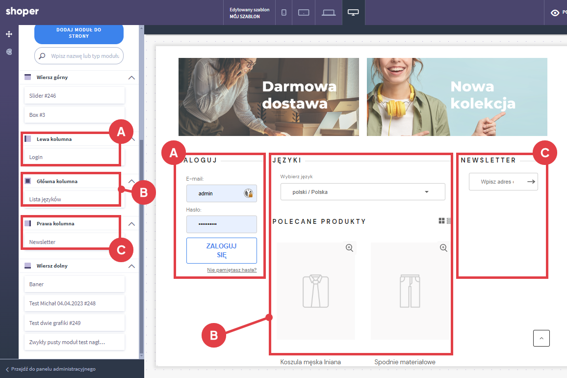Shoper Visual Editor dostępne kolumny w edytorze