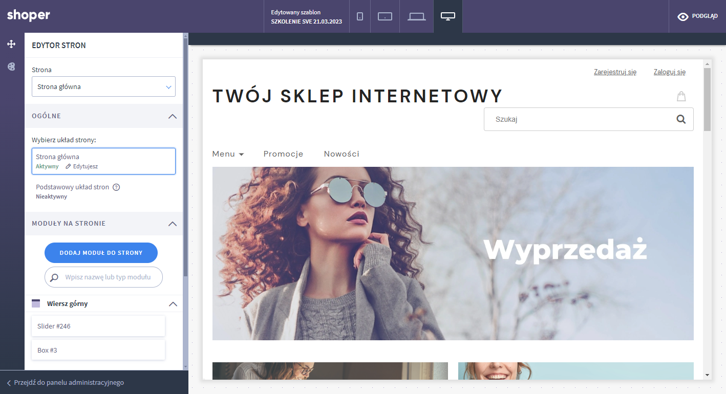 Domyślny widok Shoper Visual Editor Shoper Visial Editor strona główna