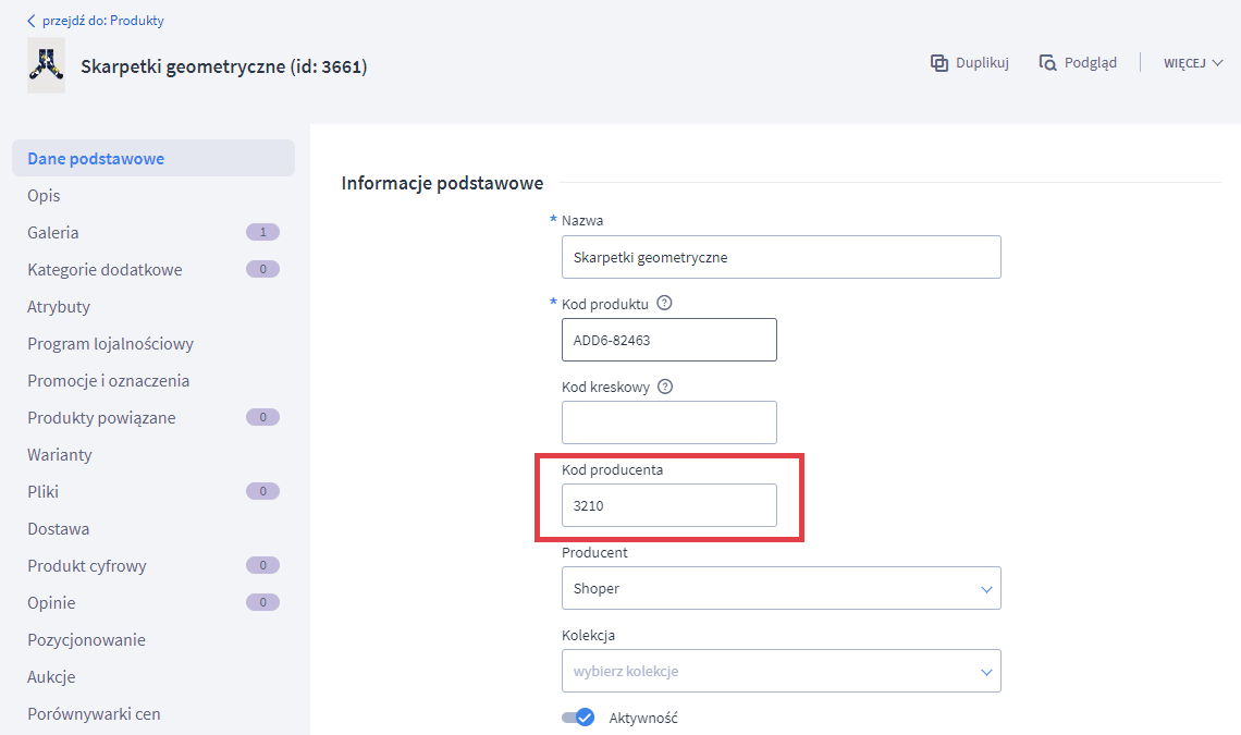Uzupełnij kod producenta dla danego produktu Edycja produktu > Dane podstawowe > Kod producenta