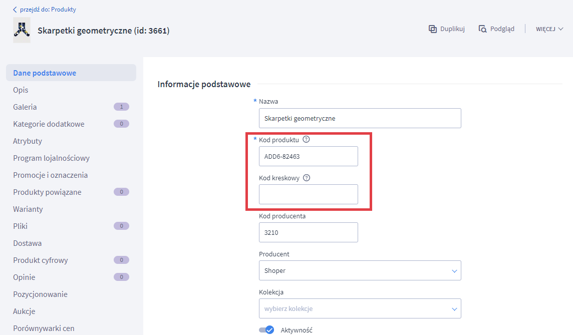Uzupełnij kod produktu i kod kreskowy Karta produktu > Dane podstawowe > Kody