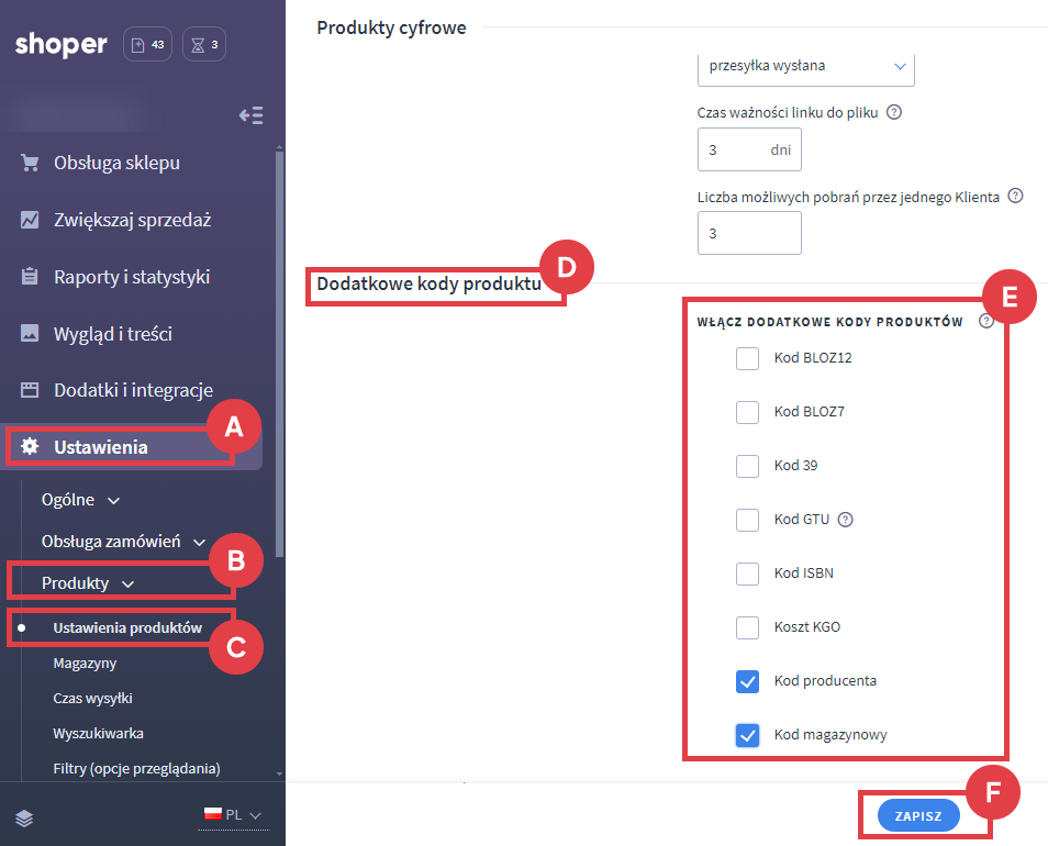 Uruchom dodatkowe kody w zależności od Twoich potrzeb Panel administracyjny sklepu > Ustawienia > Produkty > Ustawienia produktów