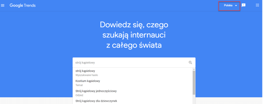 W prawym górnym rogu wybierz kraj, dla którego chcesz sprawdzić frazę Ustawienie kraju raportu w Google Trends