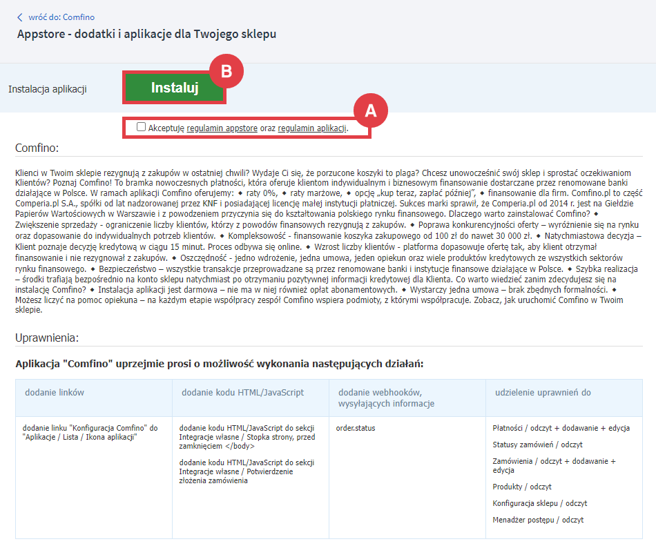 Rozpocznij instalację dodatku Comfino Panel administracyjny sklepu > Dodatki i integracje > Aplikacje > Comfino > Instalacja