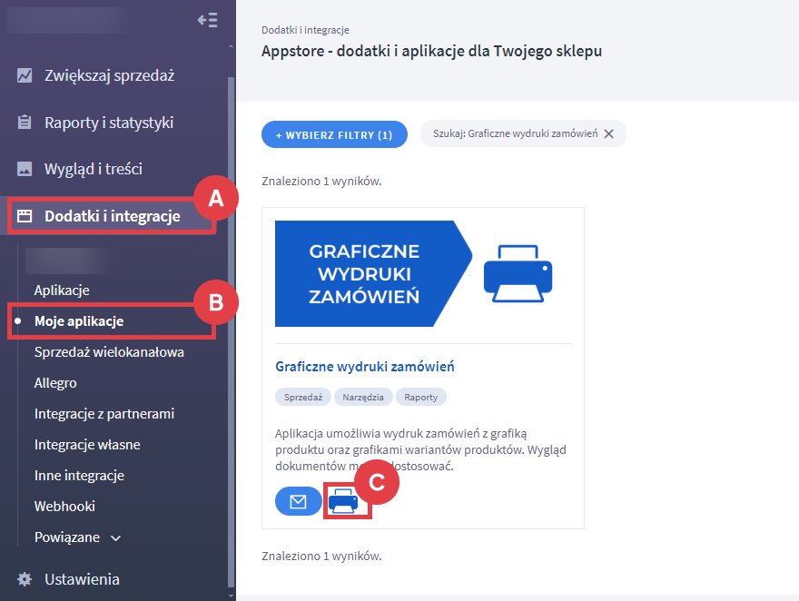 Przejdź do konfiguracji aplikacji do generowania wydruków zamówień z grafiką produktu i wariantów Panel administracyjny sklepu > Dodatki i integracje > Moje aplikacje > Graficzne wydruki zamówień
