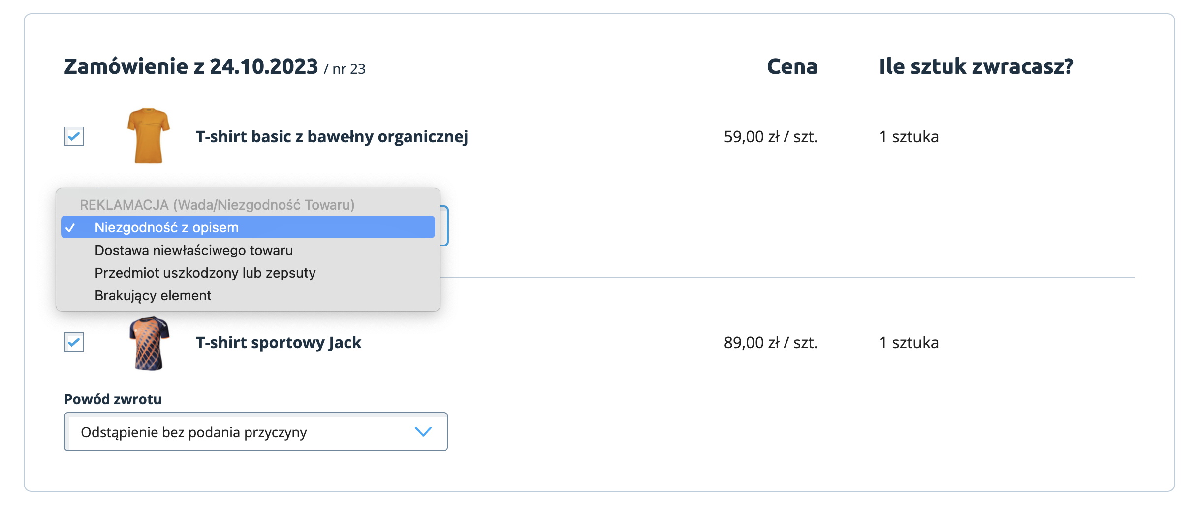 Kupujący po rozwinięciu listy powodów zwrotu nie zobaczy możliwości odesłania produktu bez podania przyczyny Panel administracyjny sklepu > Obsługa sklepu > Zwroty