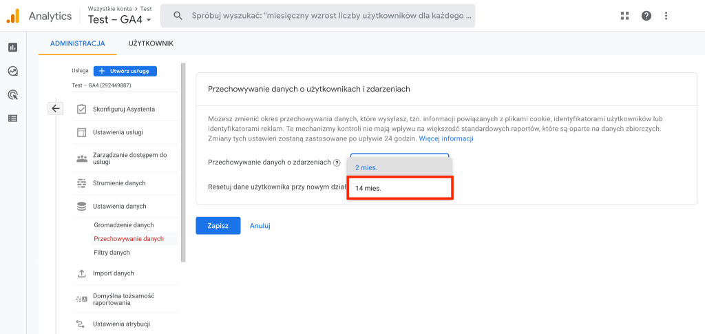 Zmień ustawienia przechowywania danych o użytkownikach i zdarzeniach w GA4 Jak zmienić domyślne ustawienia przechowywania danych o zdarzeniach i użytkownikach w Google Analytics 4?