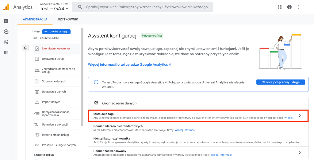 W sekcji Gromadzenie danych kliknij: Instalacja tagu Asystent konfiguracji Google Analytics 4 - Instalacja tagu