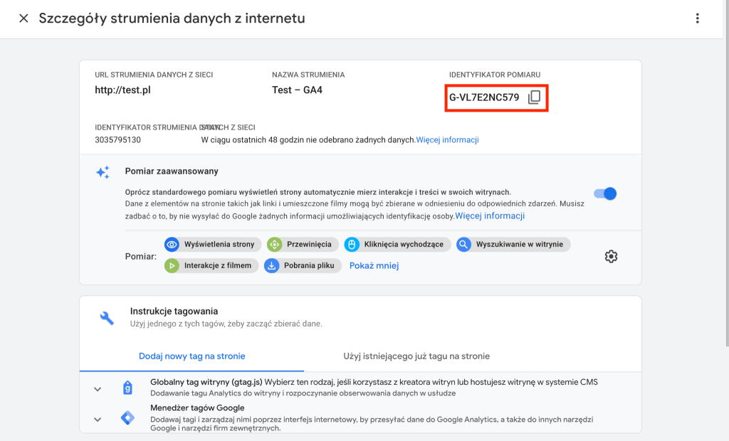 Skopiuj identyfikator pomiaru i wklej go do Panelu administracyjnego sklepu Shoper Szczegóły strumienia danych z internetu - Google Analytics 4