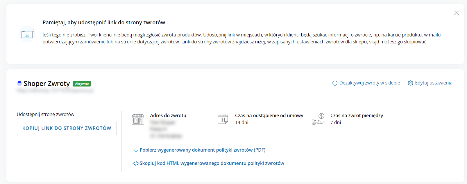 Podsumowanie warunków zwrotu oraz wskazówki udostępniania kupującym darmowych zwrotów Panel administracyjny sklepu > Obsługa sklepu Zwroty