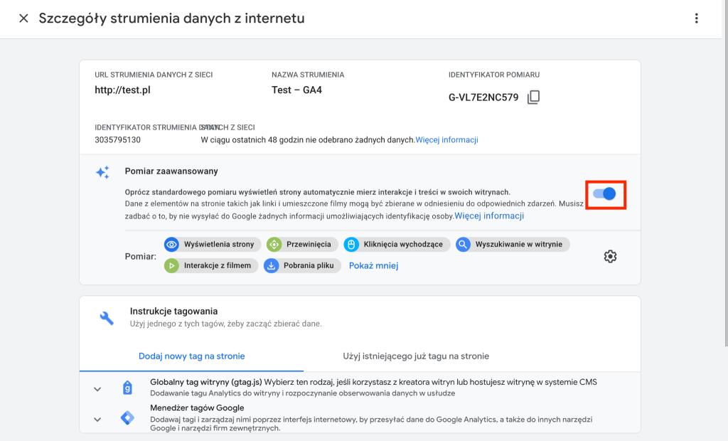 Upewnij się, że opcja Pomiar zaawansowany jest włączona Google Analytics 4 - Pomiar zaawnsowany
