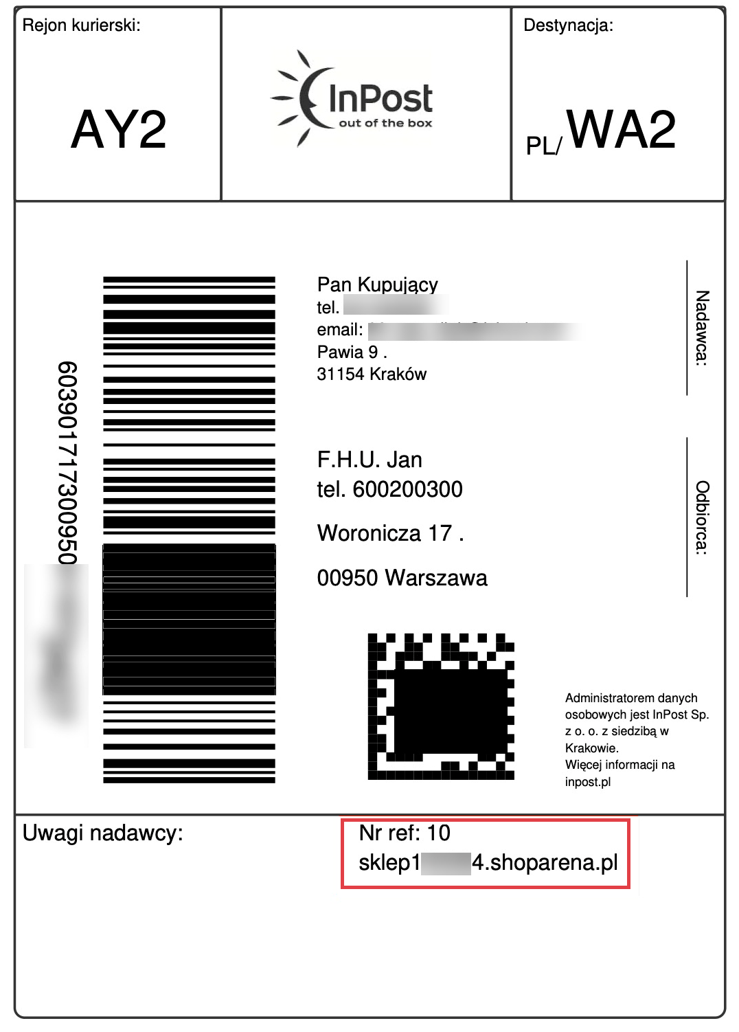 Przykładowa etykieta zwrotu wygenerowana przez Shoper Zwroty Panel administracyjny sklepu >Obsługa sklepu > Zwroty