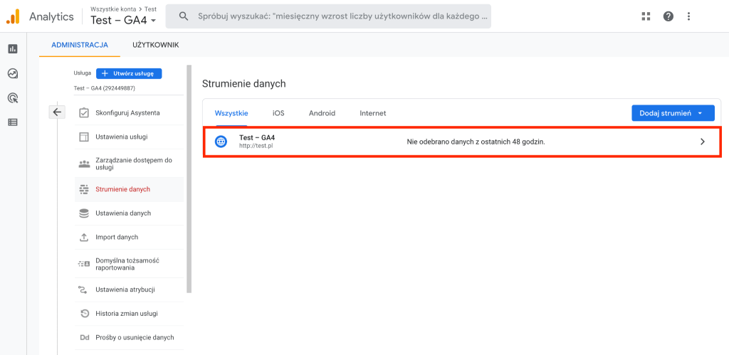 Po zakończeniu konfiguracji nowego konta GA4, zostaniesz przekierowany do sekcji: Strumienie danych Konfiguracja nowego konta Google Analytics 4 - Strumienie danych