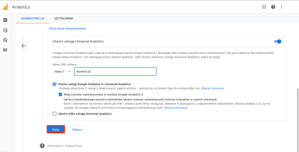 Podaj adres URL witryny, dla której chcesz uruchomić Google Analytics 4 Ustawienia domeny dla Google Analytics 4