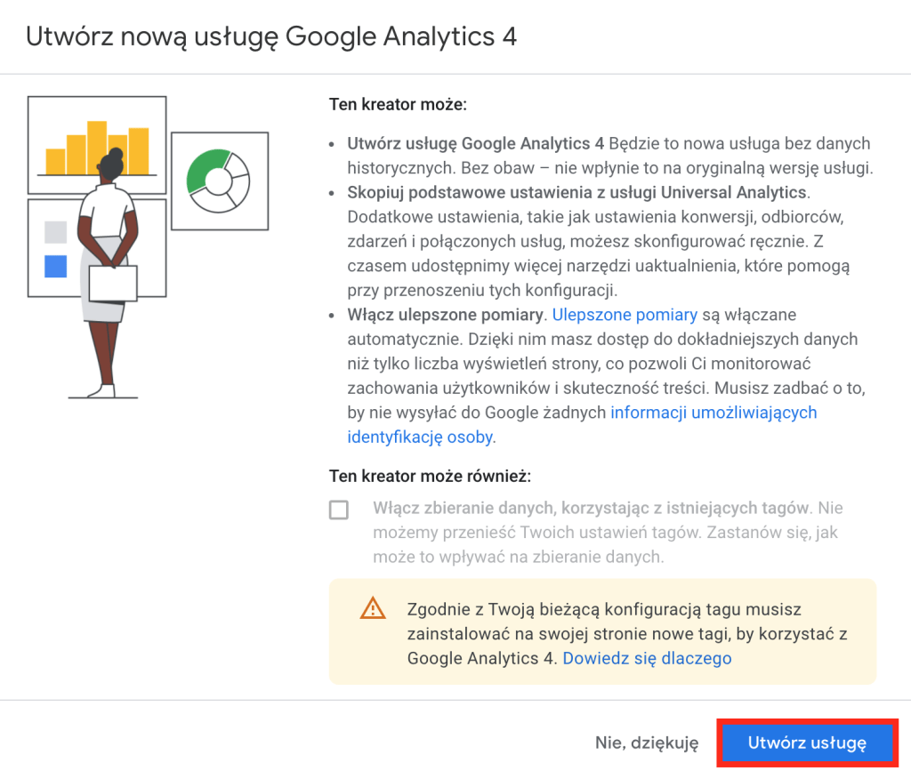 Kliknij przycisk: Utwórz usługę, aby rozpocząć konfiguracje Google Analytics 4 Utwórz nową usługę Google Analytics 4