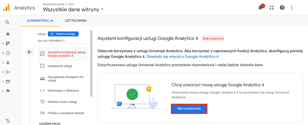 W wyświetlonym oknie kliknij przycisk: Wprowadzenie, aby rozpocząć konfiguracje Przewodnik po konfiguracji Google Analytics 4