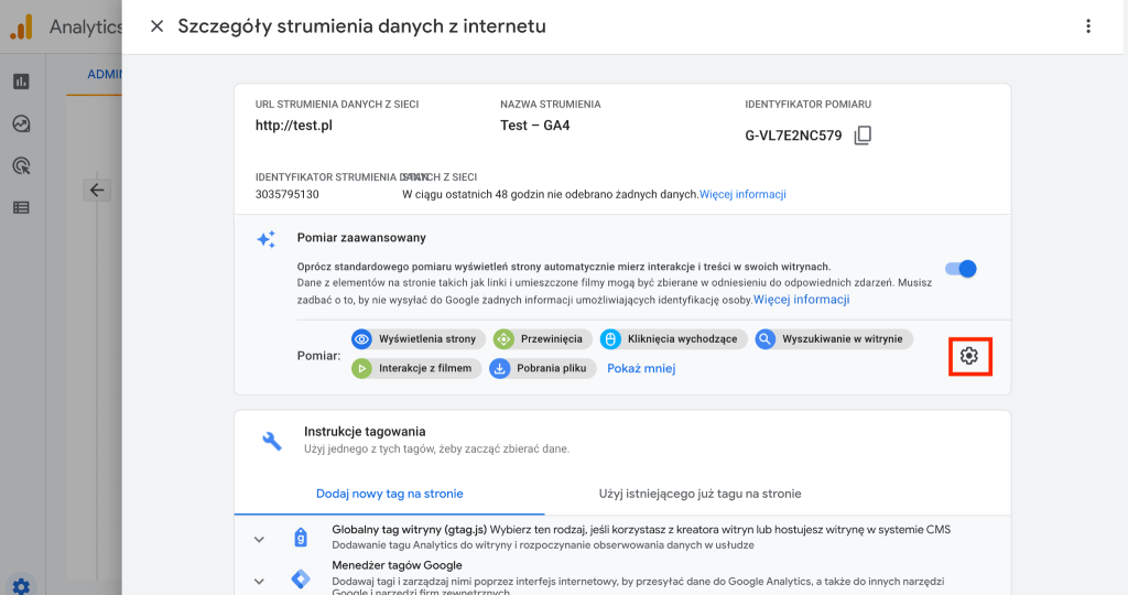 Kliknij ikonę koła zębatego, aby wyłączyć zbieranie wybranych zdarzeń w GA4 Jak wyłączyć zbieranie poszczególnych zdarzeń w GA4 - Pomiar zaawansowany