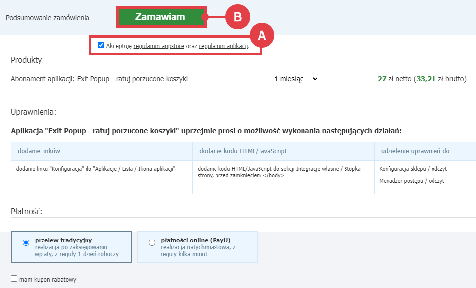 Zamów abonament aplikacji Exit Popup - ratuj porzucone koszyki Panel administracyjny sklepu > Dodatki i integracje > Aplikacje > Exit Popup - ratuj porzucone koszyki > Instalacja