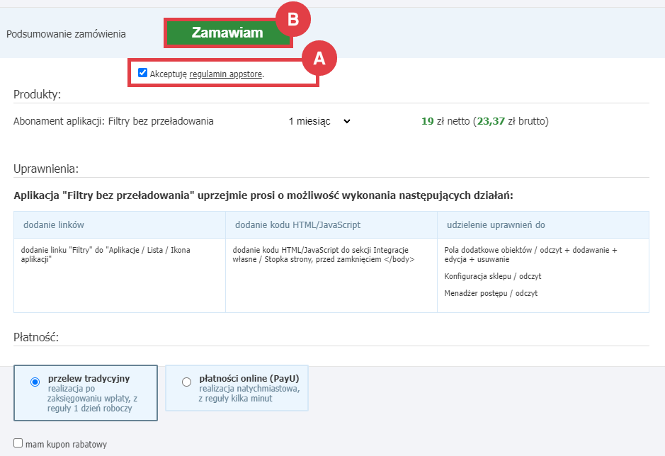 Zamów abonament aplikacji Filtry bez przeładowania w sklepie Shoper Panel administracyjny sklepu > Dodatki i integracje > Aplikacje > Filtry bez przeładowania > Instalacja