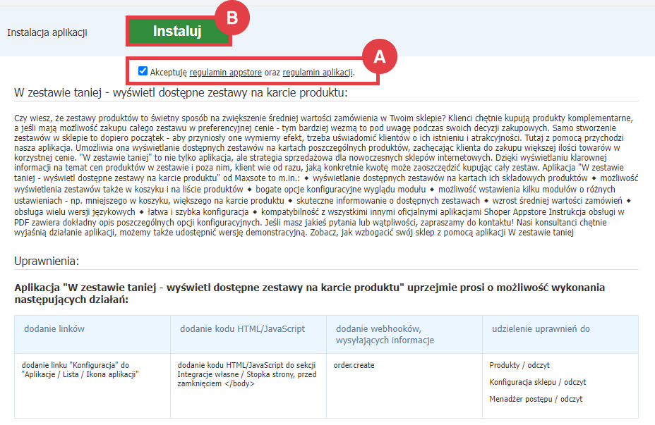 Zapoznaj się z możliwościami aplikacji W zestawie taniej i zainstaluj ją na platformie Shoper Panel administracyjny sklepu > Dodatki i integracje > Aplikacje > W zestawie taniej - wyświetl dostępne zestawy na karcie produktu > Instalacja