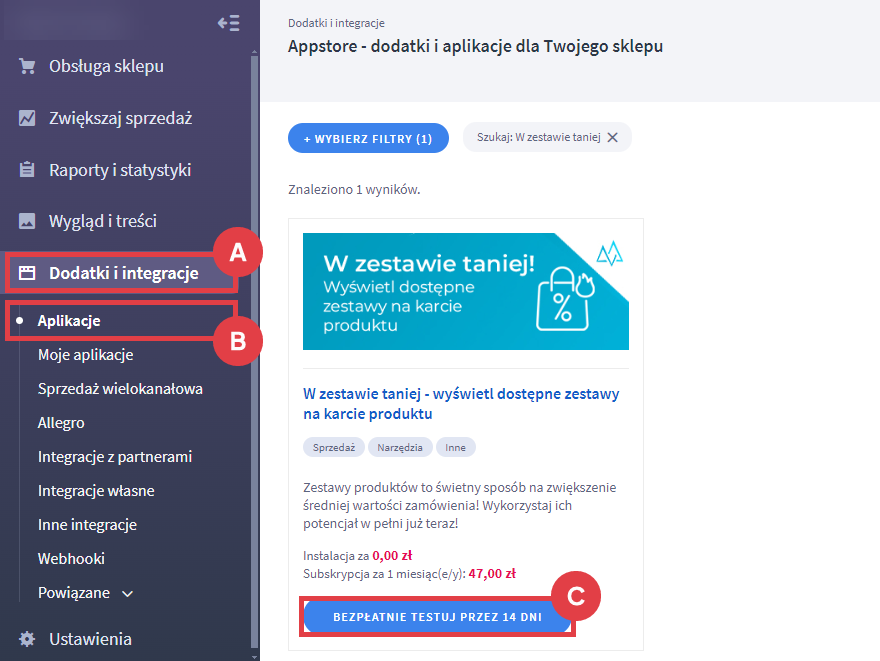 Bezpłatnie testuj aplikację W zestawie taniej przez 14 dni w sklepie Shoper Panel administracyjny sklepu > Dodatki i integracje > Aplikacje > W zestawie taniej - wyświetl dostępne zestawy na karcie produktu
