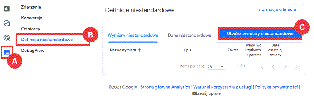 Utwórz wymiary niestandardowe w panelu Google Analytics 4 Google Analytics > Konfiguracja > Definicje niestandardowe