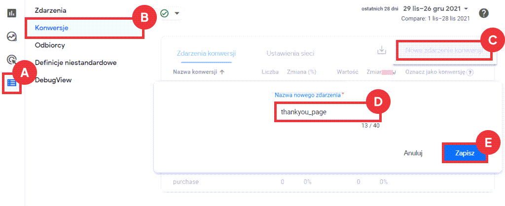 Dodaj nowe zdarzenie konwersji w panelu GA4 Google Analytics 4 > Konwersje > Nowe zdarzenie konwersji