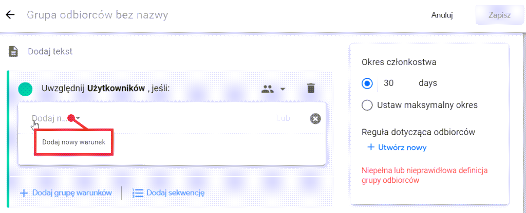 Dodaj nowy warunek podczas tworzenia grupy odbiorców w GA4 Google Analytics > Konfiguracja > Odbiorcy > Nowi odbiorcy > Utwórz grupę odbiorców niestandardowych > Dodawanie warunku