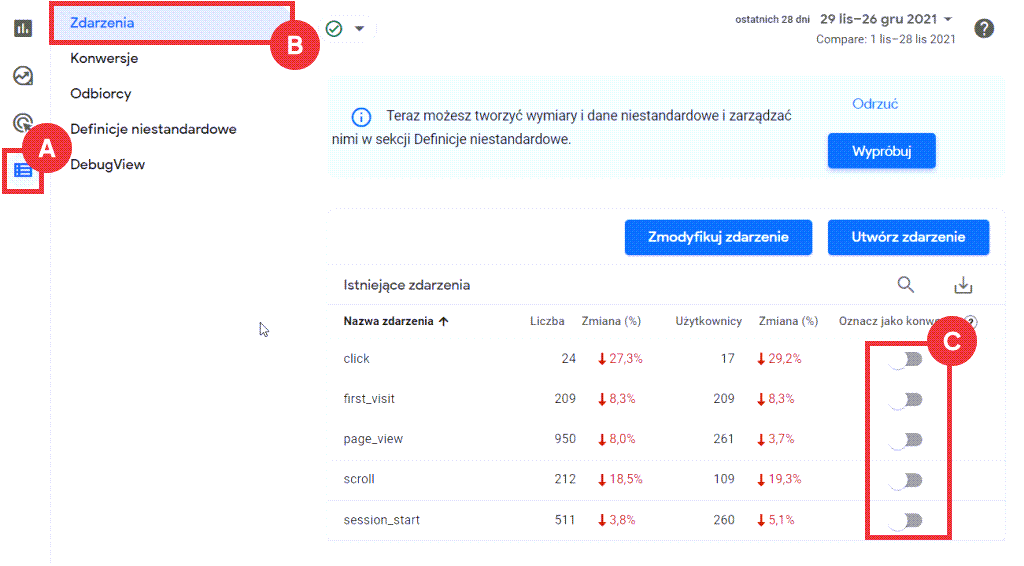 Zarządzanie zdarzeniami (pomiar zaawansowany) w GA4 Google Analytics 4 > Konfiguracja > Zdarzenia