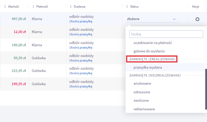 Przykładowe statusy zamówienia z płatnością Klarna w sklepie internetowym Shoper Panel administracyjny sklepu > Obsługa zamówień > Zamówienia > Klarna > Oznaczenie Zamknięte (zrealizowane)