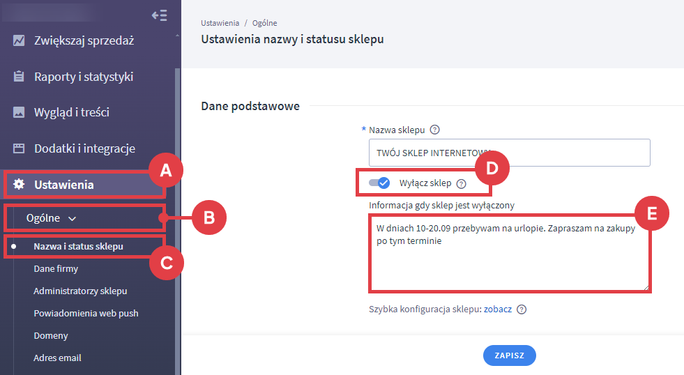 Dezaktywuj stronę sklepu internetowego i wyjaśnij klientom powód Panel administracyjny sklepu > Ustawienia > Nazwa i status sklepu > Wyłącz sklep