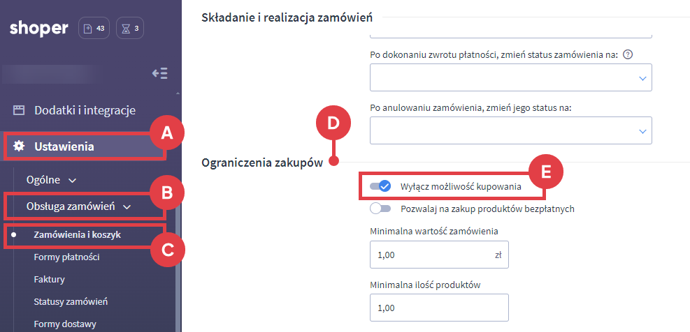 Wyłącz możliwość kupowania produktów w sklepie internetowym Panel administracyjny sklepu > Ustawienia > Obsługa zamówień > Zamówienia i koszyk > Ograniczenia zakupów > Możliwość kupowania