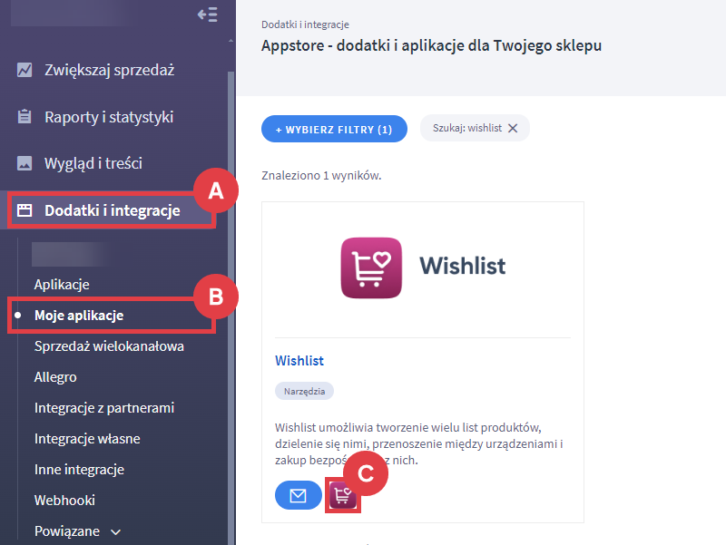 Uruchom narzędzie Wishlist i utwórz listy produktów w sklepie internetowym Panel administracyjny sklepu > Dodatki i integracje > Moje aplikacje > Wishlist