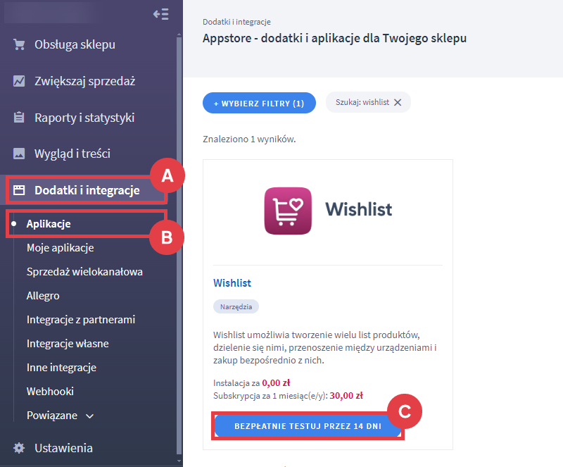 Bezpłatnie testuj aplikację Wishlist przez okres 14 dni w sklepie Shoper Panel administracyjny sklepu > Dodatki i integracje > Aplikacje > Wishlist