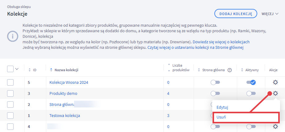 Panel administracyjny sklepu > Obsługa sklepu > Kolekcje > Usuwanie kolekcji