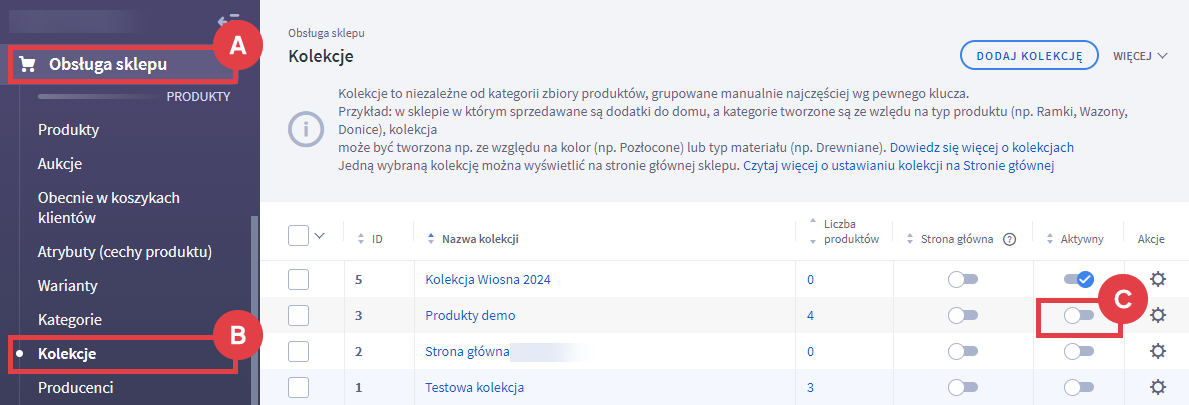Panel administracyjny sklepu > Obsługa sklepu > Kolekcje > Aktywność