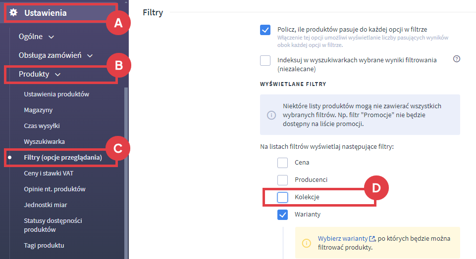 Panel administracyjny sklepu > Ustawienia > Produkty > Filtry > Wyświetlane filtry > Kolekcje