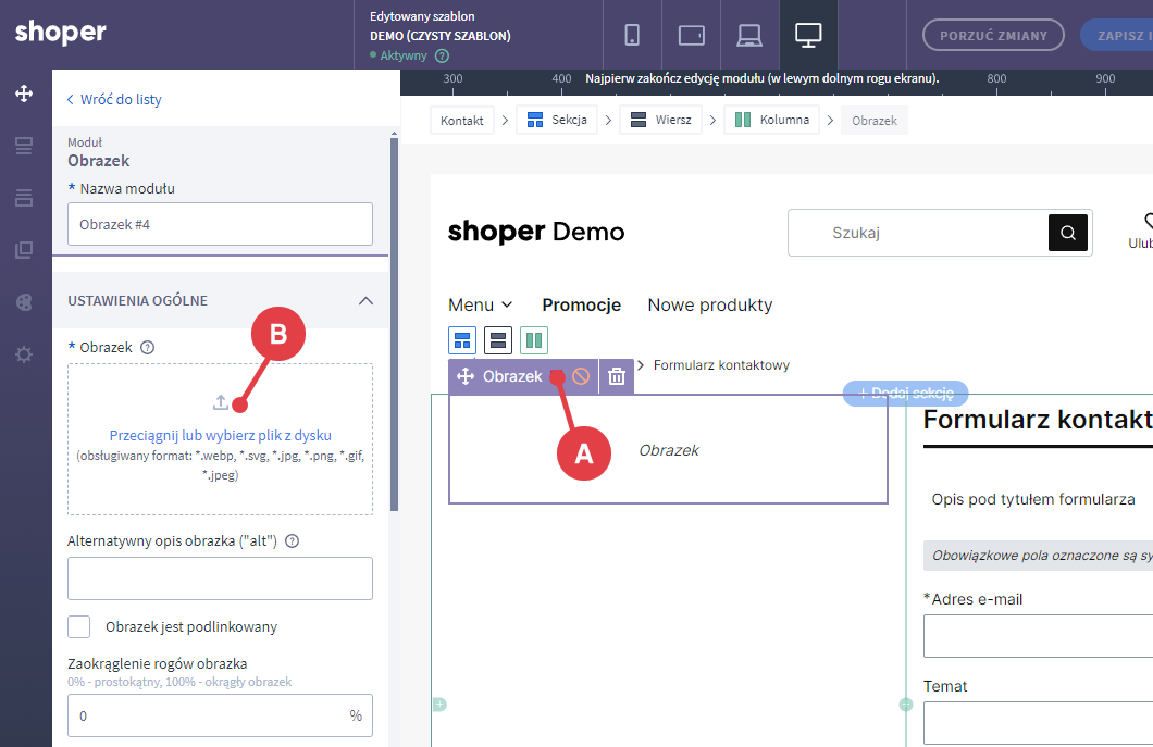 Załaduj grafikę z dysku swojego komputera Shoper Visual Editor > Moduł Obrazek > Dodawanie obrazka