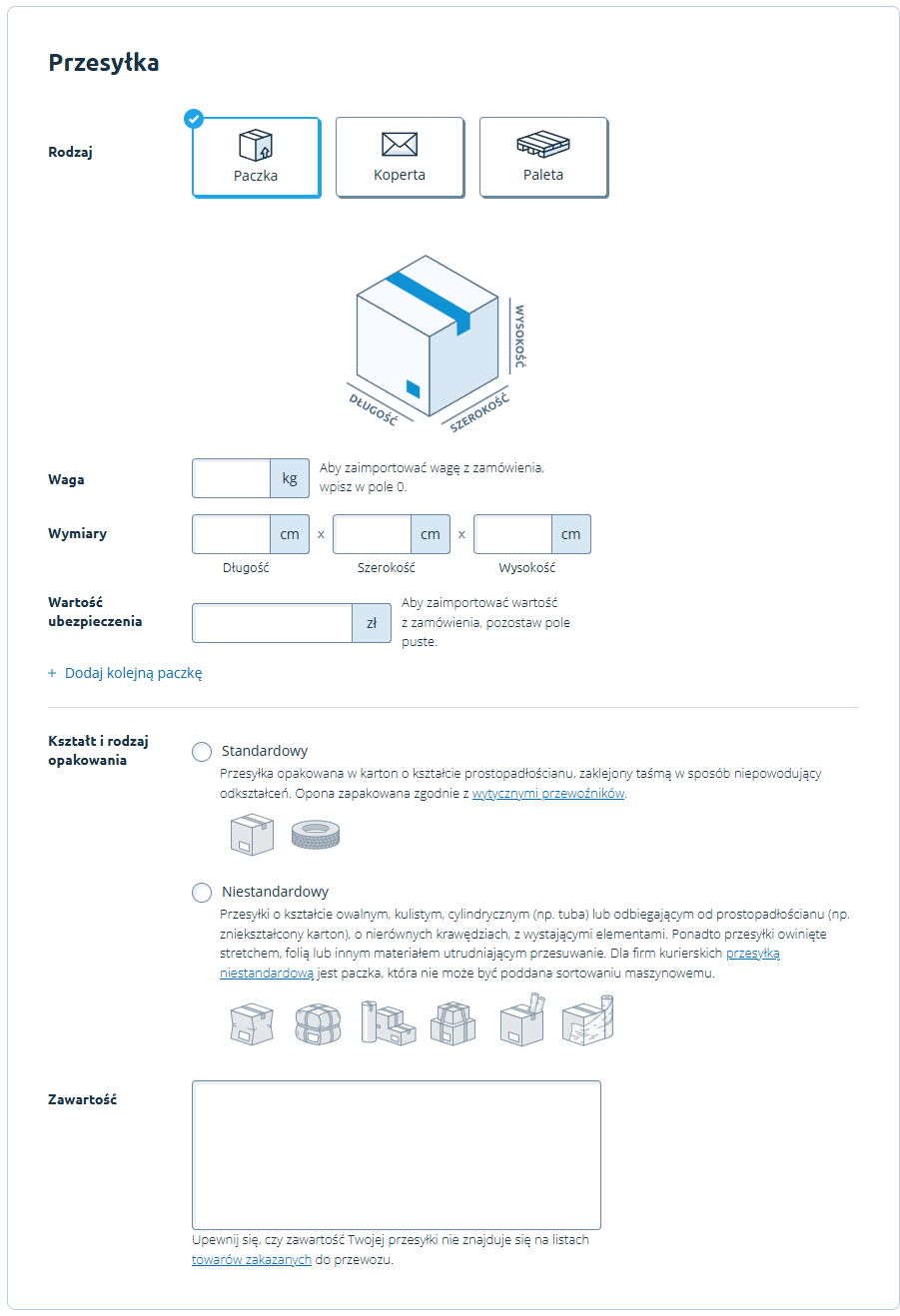 Wprowadź parametry przesyłki Furgonetka > Szablony przesyłek