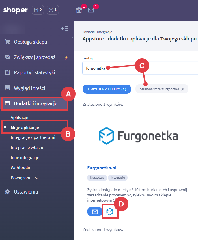Przejdź do konfiguracji aplikacji Furgonetka Dodatki i integracje > Moje aplikacje > Furgonetka