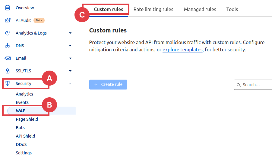 Reguły blokowania i wpuszczania ruchu w panelu CloduFlare Panel CloudFlare | Security > WAF > Custom Rules