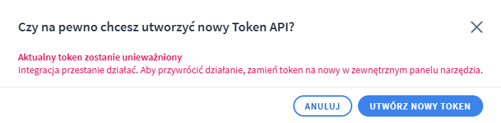 Potwierdź wygenerowanie nowego Tokena API dla danej integracji Potwierdzenie generowania nowego Tokena API dla istniejącej integracji z oprogramowaniem Shoper