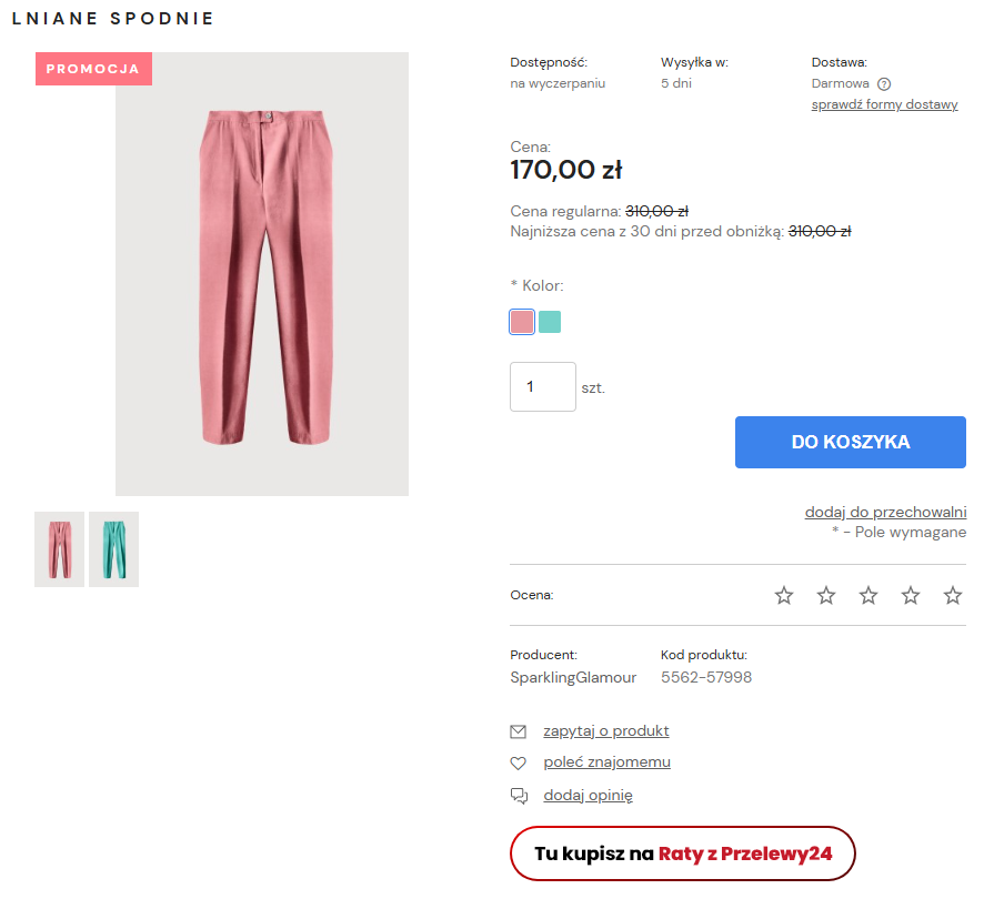 Kliknij w baner, aby zobaczyć symulację kosztów zakupu ratalnego Baner Przelewy24 Raty widoczny w karcie produktu w szablonie w starej technologii